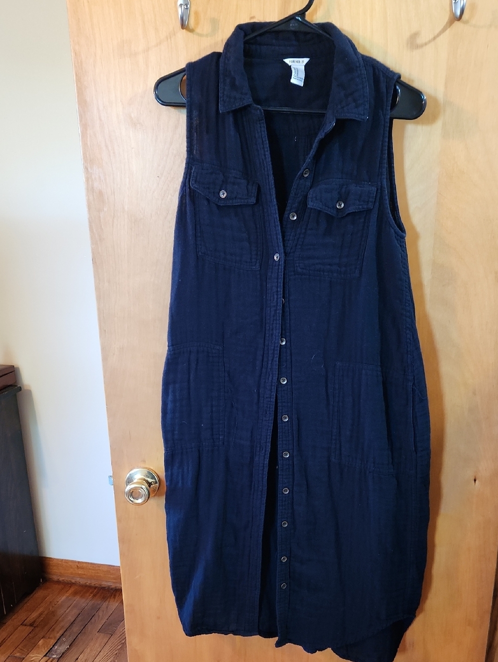 Sleeveless Navy Button-Down Shirt Dress